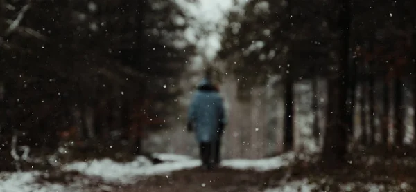 Вибірковий Фокус Стрічки Сніжинки Людиною Йде Один Лісі Фоні — стокове фото