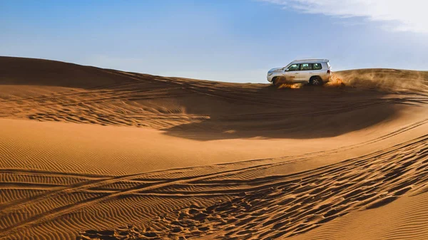 一辆白色的吉普车在沙漠的沙丘上飞驰而过 落在天空的后面 — 图库照片