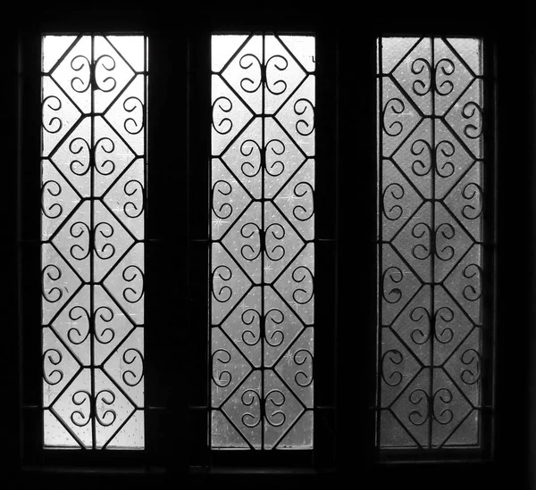 Eine Kunstvolle Tür Mit Detaillierten Metalldekorationen Den Fenstern — Stockfoto