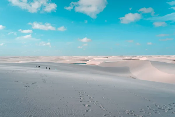 Красивый Вид Людей Идущих Пустыне Песчаными Дюнами Солнечным Светом — стоковое фото