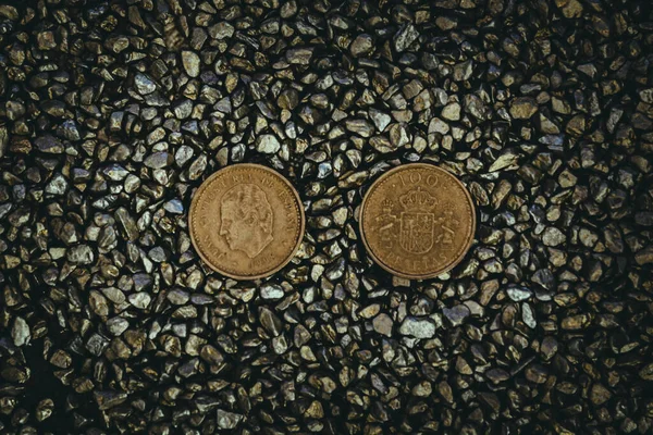 Top View Rusty Old Worn Out Coins Placed Ground Tiny — Stock Photo, Image