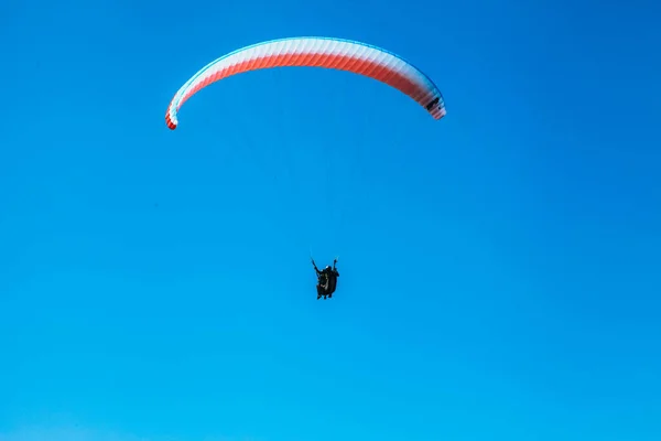 Tiro Ângulo Baixo Duas Pessoas Voando Paraplano Com Céu Azul — Fotografia de Stock