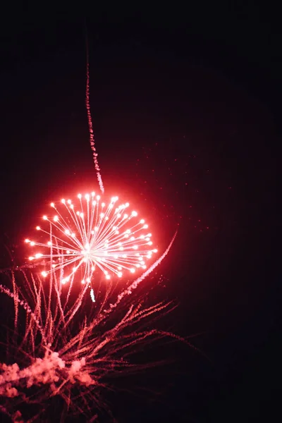 Een Verticaal Schot Van Exploderende Rode Vuurwerk Een Avond Lucht — Stockfoto