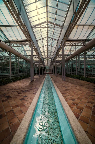 ガラスのラインと茶色のタイルの床と温室の垂直ショット — ストック写真