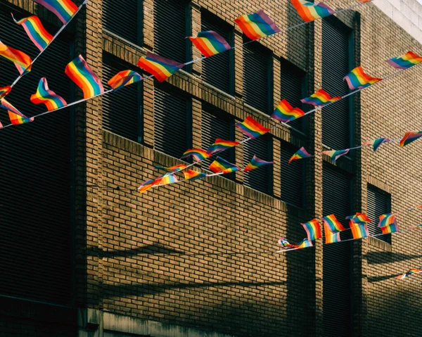 Bâtiment Avec Des Drapeaux Arc Ciel Suspendus — Photo