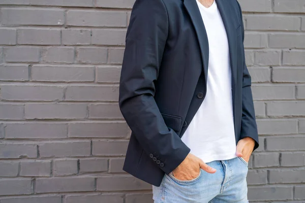 Fashionable Male Model White Shirt Jacket Posing Photoshoot Wall Outdoors — Stock Photo, Image