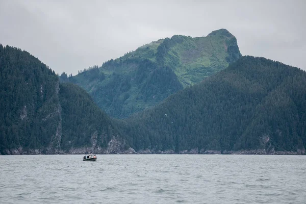 Fiskebåt Som Seglar Sjö Omgiven Kullar Och Berg Alaska — Stockfoto