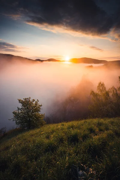 Beau Lever Soleil Dans Les Montagnes Avec Brouillard Blanc — Photo