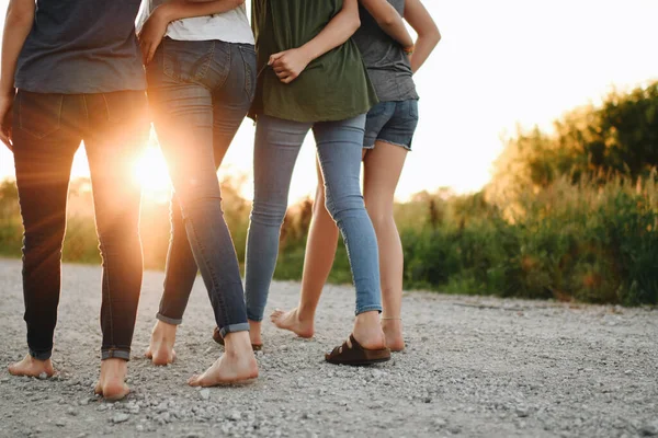Back View Group Female Friends Hugging Walking Outdoors Sunny Day — Stock Photo, Image