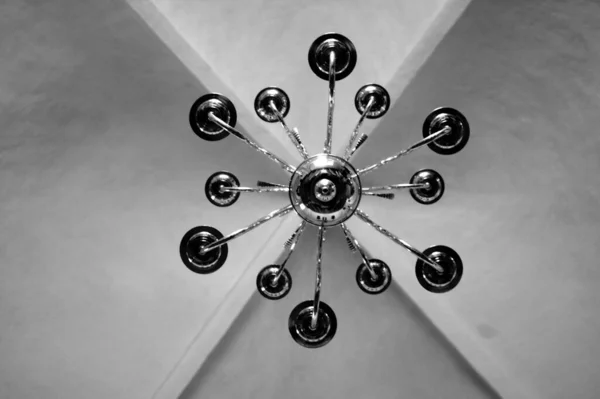 Low Angle Grayscale Shot Chandelier Hanging — Stock Photo, Image