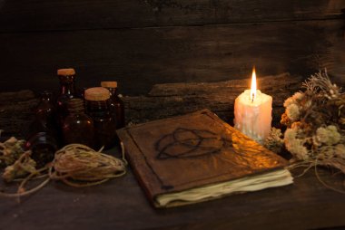 set of objects for witchcraft rituals, on rustic wood clipart