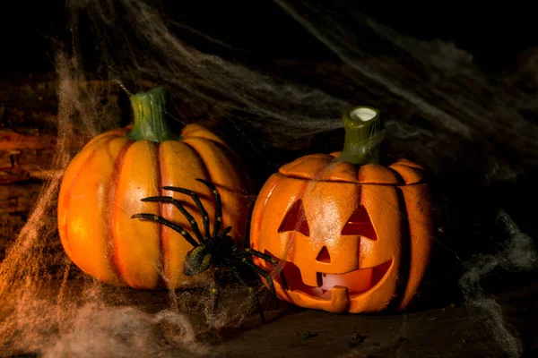 Decoração Para Celebração Hallowen Com Abóboras Aranhas Velas Madeira Rústica — Fotografia de Stock