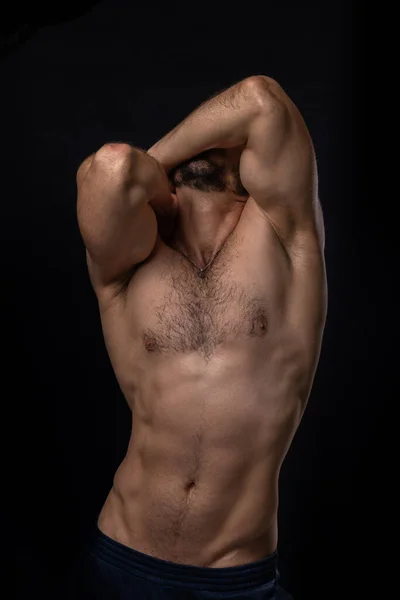 Portrait Sexy Fit Adult Shirtless Man Posing Black Background — Stock Photo, Image