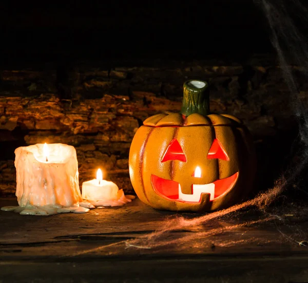 Decoração Para Celebração Hallowen Com Abóboras Aranhas Velas Madeira Rústica — Fotografia de Stock