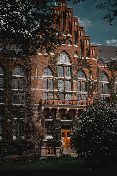 Tiro Vertical Edifício Antigo Universidade Sob Céu Sombrio Inverno — Fotografia de Stock