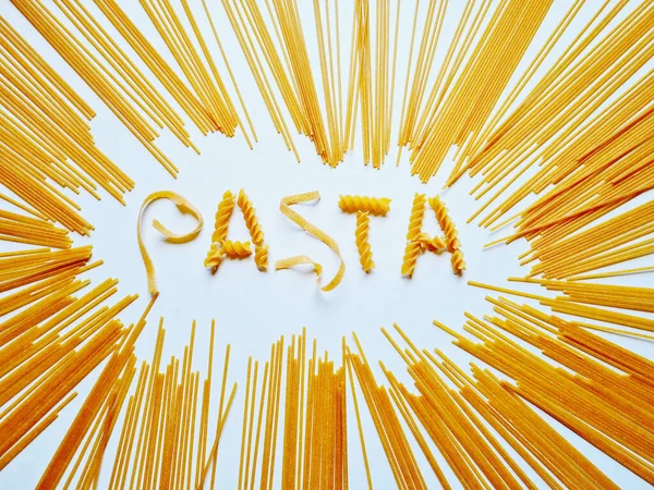 Bílý Podkladový Design Těstovin Psaných Špagetami — Stock fotografie