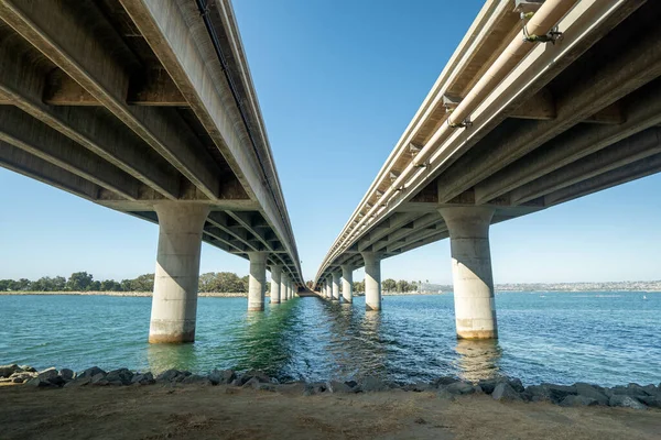Dos Puentes Paralelos Sobre Río Bajo Cielo Azul Claro —  Fotos de Stock