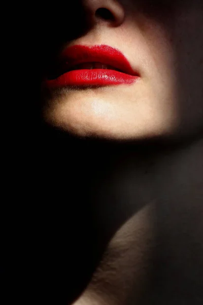 深い影の中で女性の赤い唇の垂直閉鎖 — ストック写真