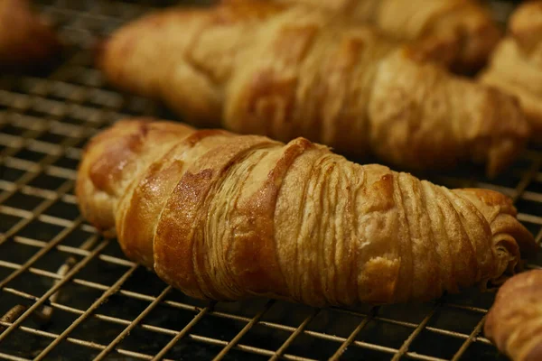 Tiro Close Croissants Quase Prontos Forno — Fotografia de Stock