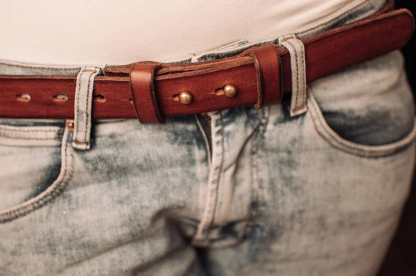 Person Wearing Old Leather Belt — Stock Photo, Image