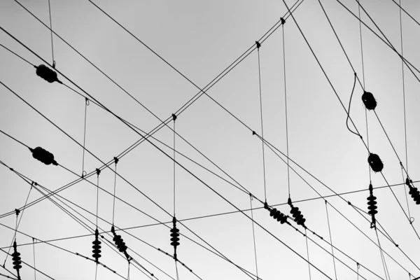 Eine Ruhige Graustufenaufnahme Von Elektrischen Netzwerkdrähten Einem Klaren Himmel — Stockfoto