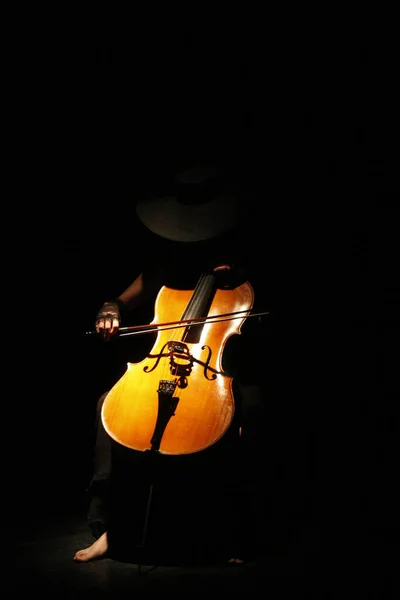 Tiro Vertical Músico Tocando Violoncelo Escuridão — Fotografia de Stock