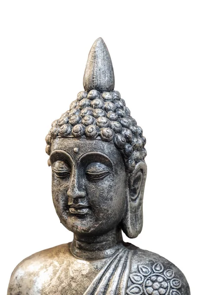 Обличчя Статуї Будди Ізольовано Білому Тлі Вертикальний Постріл — стокове фото