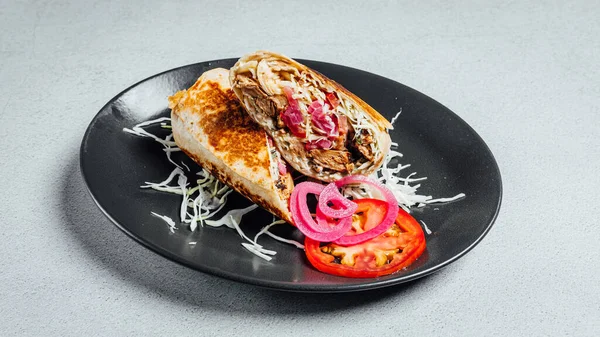 Closeup Wrapped Sandwich Veggies Meat Plate — Stock Photo, Image