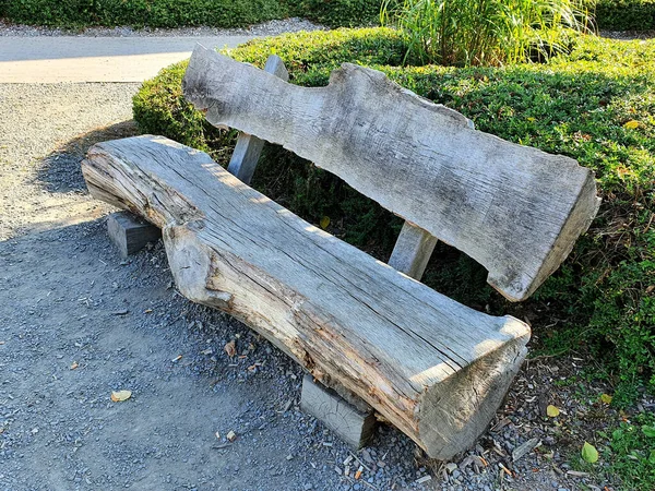 Closeup Shot Bench Made Massive Wooden Logs — Stock Photo, Image