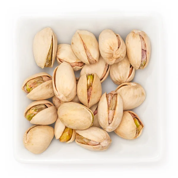 Closeup Pistachios Shell Salted Bowl White Background — Stock Photo, Image