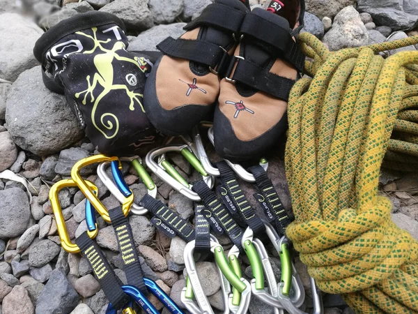 Tenerife Spain Jul 2017 Close Seup Shot Climbing Equipment Stones — стоковое фото