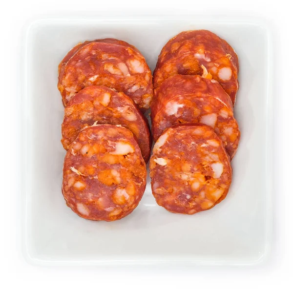 Closeup Chorizo Paprika Salami Sausage White Bowl Isolated White Background — Stock Photo, Image