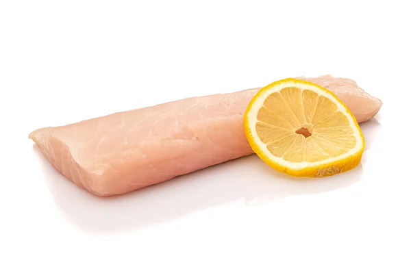 Closeup Raw Pollack Fish Fillet Slice Lemon Isolated White Background Stock Photo