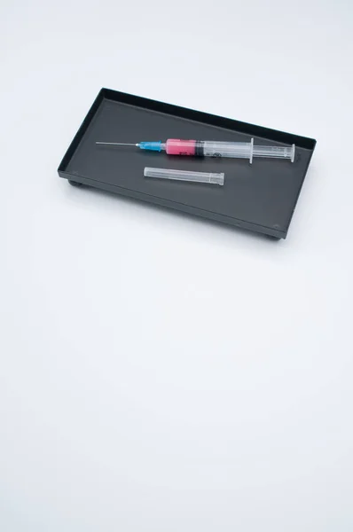 Isolated Injection Syringe Box White Background Text Space — Stock Photo, Image