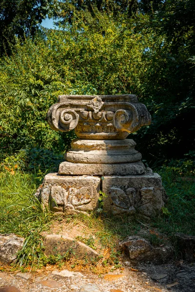Zřícenina Starobylého Kamenného Sloupu Pozadí Rostlin Pod Slunečním Světlem — Stock fotografie