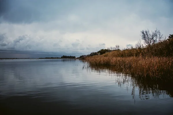Krajina Jezera Obklopeného Trávou Pod Zataženou Oblohou Ponurého Dne — Stock fotografie