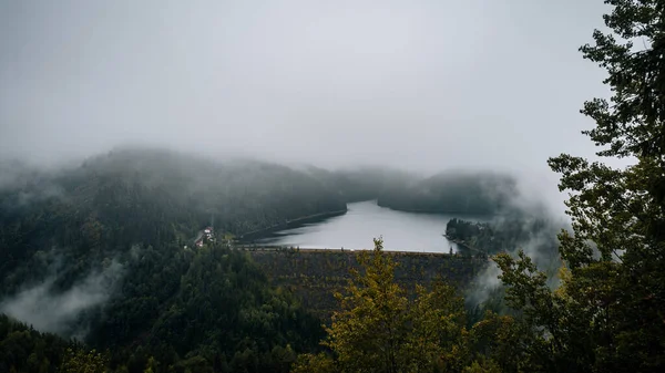 Une Forêt Dense Brumeuse Montagne Autour Lac Automne — Photo