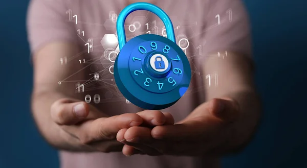 A 3d illustration of a round combination lock and digits hovering over man\'s palms - cybersecurity and information protection concept