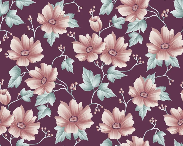 Una Ilustración Hermoso Patrón Floral Sin Costuras Sobre Fondo Púrpura —  Fotos de Stock