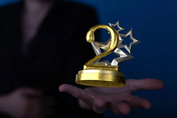 一个3D渲染成金色2的基座上 银星悬停在一个男人的棕榈周年纪念日上 并颁发奖品 — 图库照片