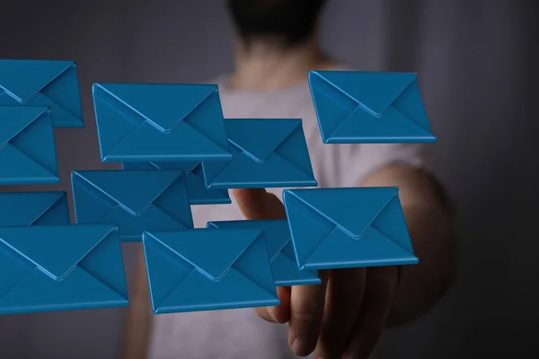Een Illustratie Van Blauwe Enveloppen Met Een Man Die Vanuit — Stockfoto