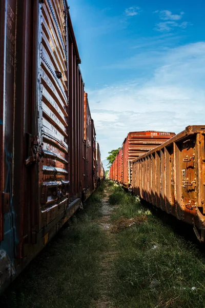 Ruhige Aussicht Auf Alte Rostige Güterwaggons Bei Tageslicht — Stockfoto