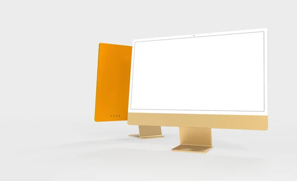 Μια Closeup Ταπετσαρία Οθόνη Υπολογιστή Mock Λευκή Οθόνη Κομψό Επιτραπέζιο — Φωτογραφία Αρχείου