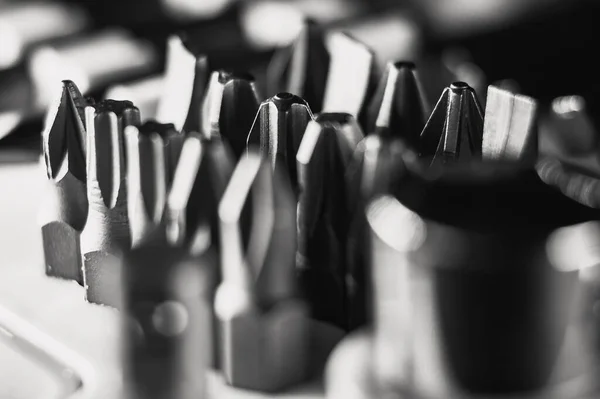 Selective Focus Shot New Set Screwdriver Bits Lined Next Each — Stock Photo, Image