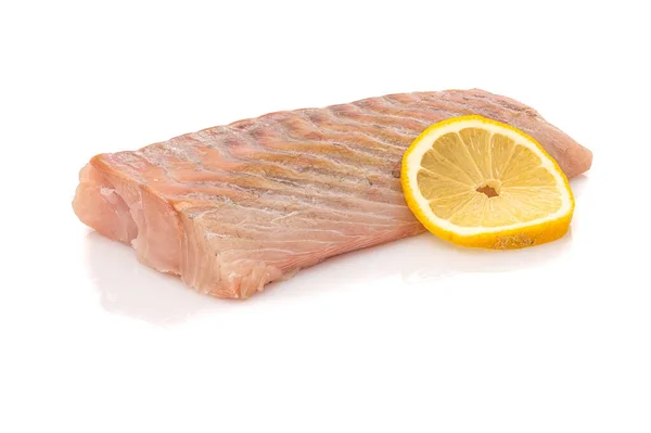 Closeup Raw Pollack Fish Loin Slice Lemon White Background Royalty Free Stock Images