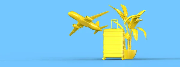 Illustration Resväska Växt Och Flygplan Blå Bakgrund Semester Bagage — Stockfoto