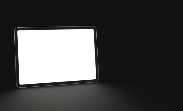 Tablet Com Uma Tela Branco Com Espaço Cópia Fundo Preto — Fotografia de Stock