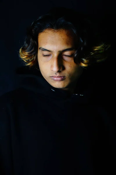 Vertical Portrait Indian Handsome Male His Eyes Closed Dark Background — 스톡 사진