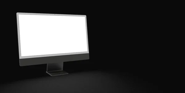 Ein Realistischer Computer Mit Weißem Bildschirm Isoliert Auf Schwarzem Hintergrund — Stockfoto