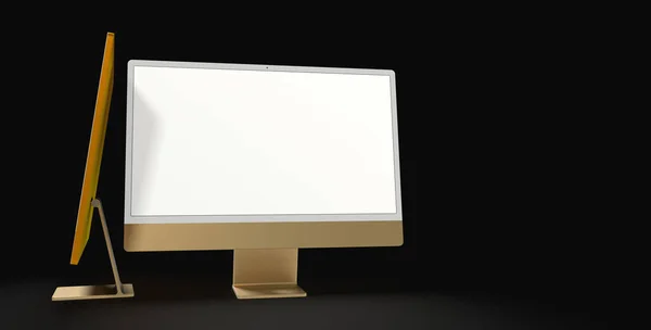 Uma Renderização Computador Desktop Tela Branco Computador Amarelo Dourado Mockup — Fotografia de Stock